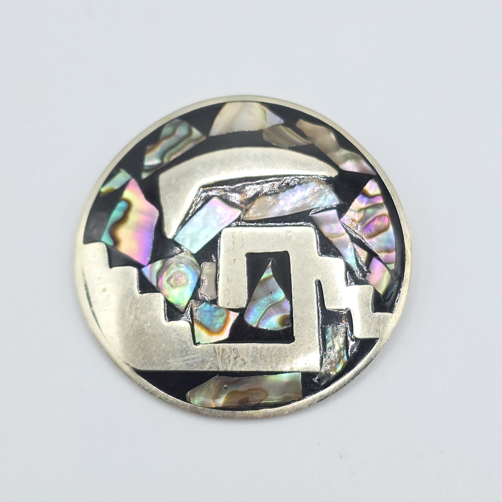 Vintage Alpaca Mexico Abalone Inlay Aztec Modernist Brooch Pin/Pendant 1.75"
